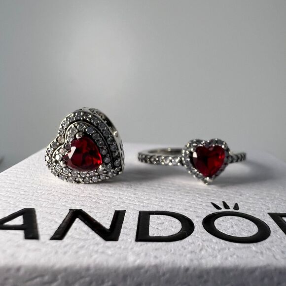 Pandora Elevated Red Heart Ring & Sparkling Leveled Heart Charm - Picture 1 of 12